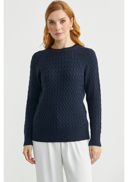 Saç Örgü Motifli Yuvarlak Yaka Triko Kazak - Lacivert