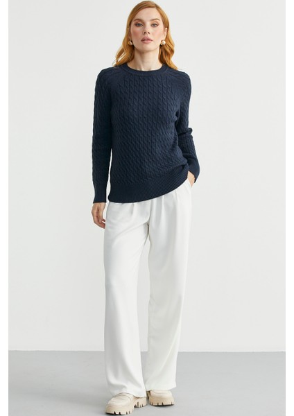 Saç Örgü Motifli Yuvarlak Yaka Triko Kazak - Lacivert modelleri