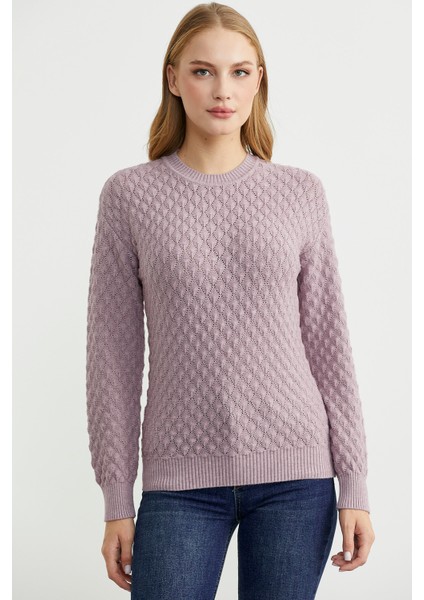 Motifli Sıfır Yaka Triko Kazak - Gül