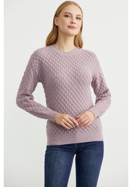 Motifli Sıfır Yaka Triko Kazak - Gül fiyatları