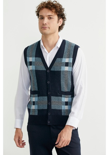 Düğmeli Yünlü Kalın Triko Yelek - Lacivert