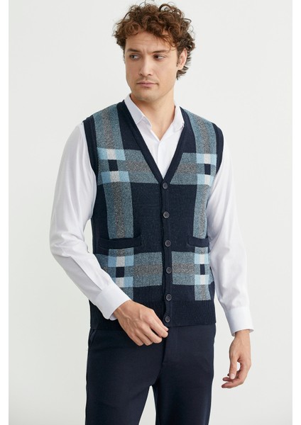 Düğmeli Yünlü Kalın Triko Yelek - Lacivert fiyatları