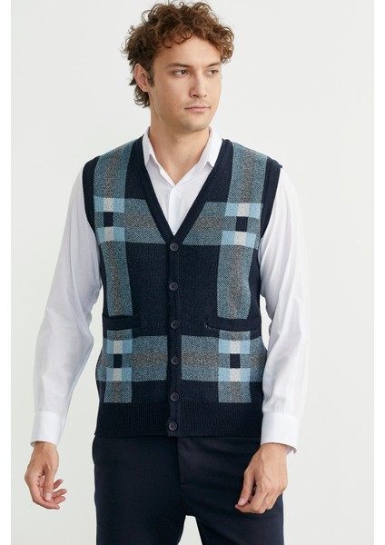 Düğmeli Yünlü Kalın Triko Yelek - Lacivert modelleri