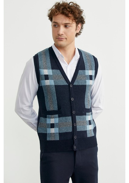 Düğmeli Yünlü Kalın Triko Yelek - Lacivert fırsatları