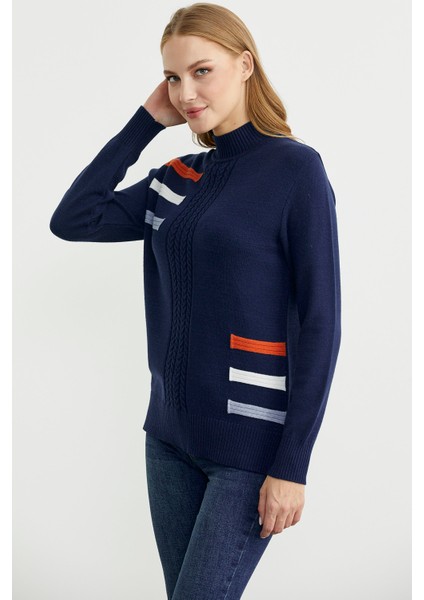 Dik Yaka Renk Detaylı Triko Kazak - Lacivert fırsatları