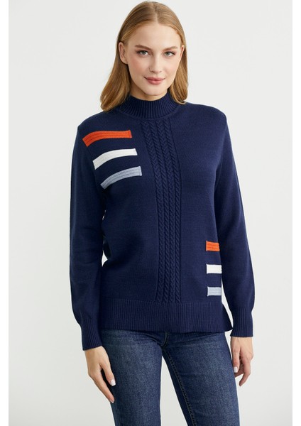 Dik Yaka Renk Detaylı Triko Kazak - Lacivert indirimleri