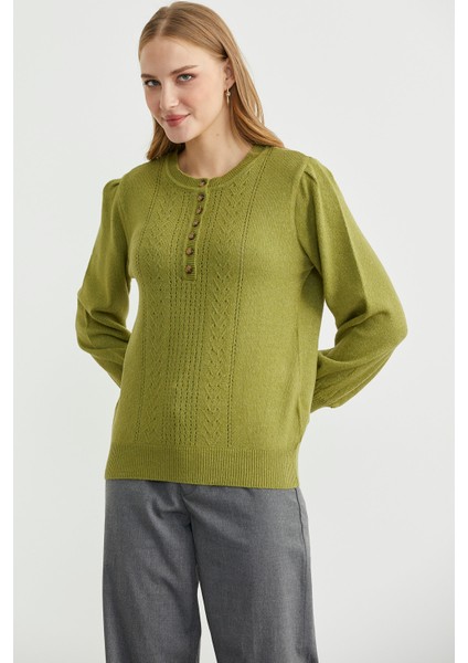 Yarım Düğmeli Yuvarlak Yaka Triko Kazak - Yeşil fiyatları