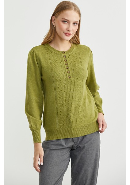 Yarım Düğmeli Yuvarlak Yaka Triko Kazak - Yeşil modelleri