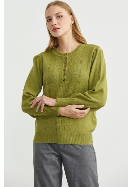 Yarım Düğmeli Yuvarlak Yaka Triko Kazak - Yeşil fırsatları