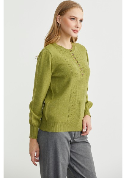 Yarım Düğmeli Yuvarlak Yaka Triko Kazak - Yeşil indirimleri
