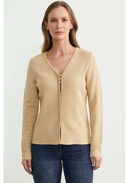 Düğme Kapamalı V Yaka Triko Hırka - Bej