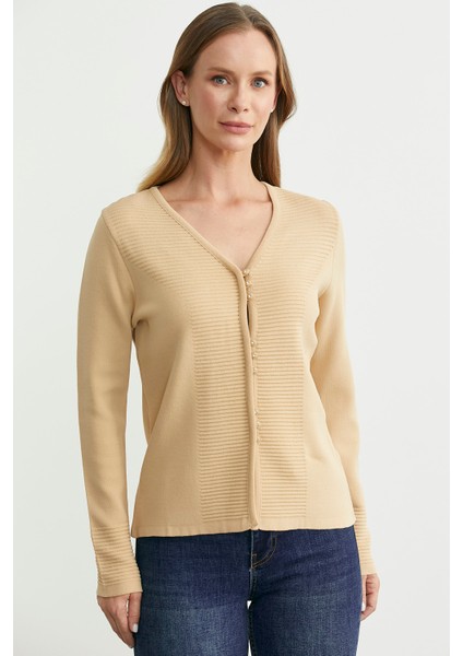 Düğme Kapamalı V Yaka Triko Hırka - Bej fiyatları