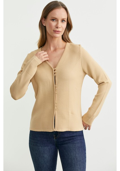 Düğme Kapamalı V Yaka Triko Hırka - Bej modelleri