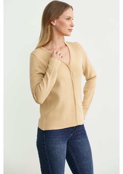 Düğme Kapamalı V Yaka Triko Hırka - Bej fırsatları