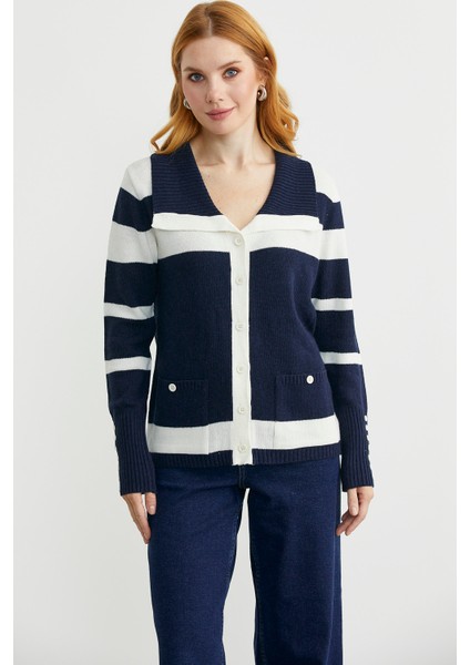 Şal Yaka Düğmeli Yün Triko Hırka - Lacivert