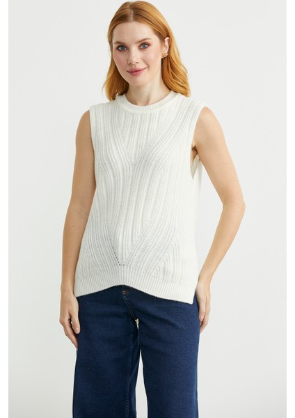 Arkası Uzun Bisiklet Yaka Yünlü Triko Süveter - Kemik fiyatları