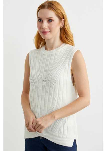 Arkası Uzun Bisiklet Yaka Yünlü Triko Süveter - Kemik fırsatları