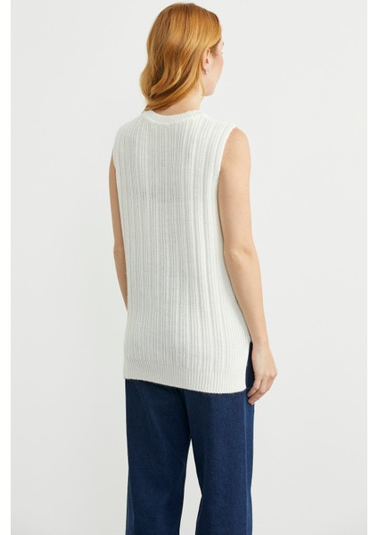 Arkası Uzun Bisiklet Yaka Yünlü Triko Süveter - Kemik indirimleri