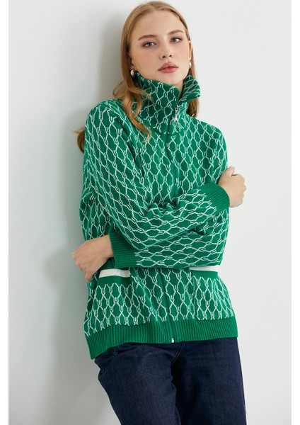 Çift Renk Kalın Yünlü Triko Hırka - Yeşil