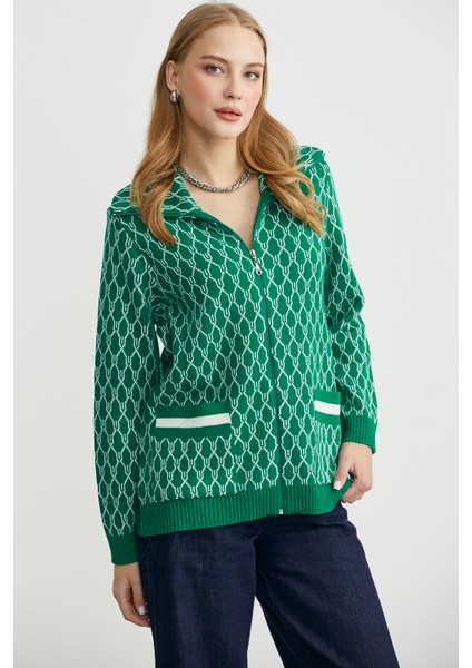 Çift Renk Kalın Yünlü Triko Hırka - Yeşil indirimleri