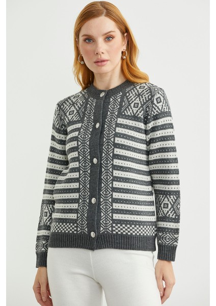 Metal Düğmeli Çizgili Yünlü Triko Hırka - Antrasit