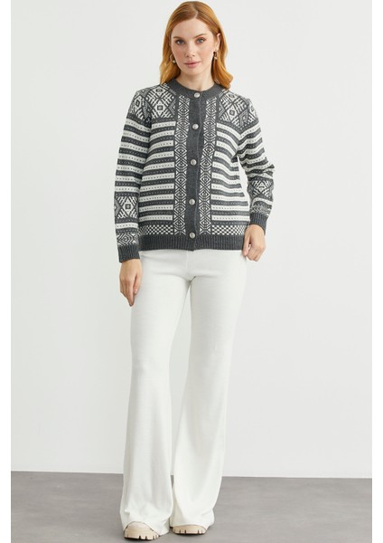Metal Düğmeli Çizgili Yünlü Triko Hırka - Antrasit fiyatları