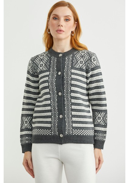 Metal Düğmeli Çizgili Yünlü Triko Hırka - Antrasit modelleri