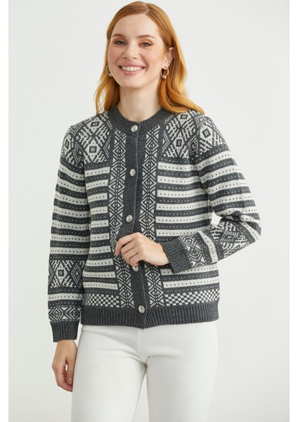 Metal Düğmeli Çizgili Yünlü Triko Hırka - Antrasit fırsatları