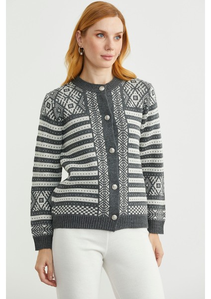 Metal Düğmeli Çizgili Yünlü Triko Hırka - Antrasit indirimleri