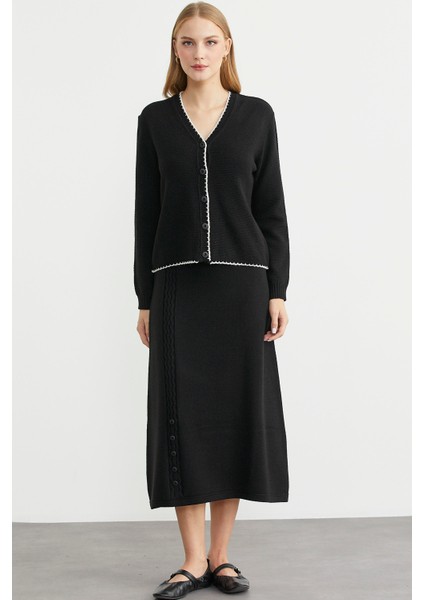 Kloş Etek Hırka Triko Takım - Siyah