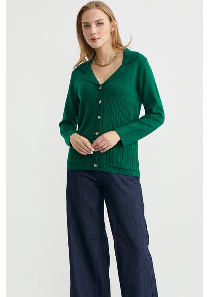 Yünlü Cepli Düğme Detaylı Triko Ceket - Yeşil