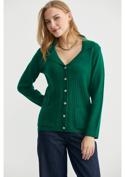 Yünlü Cepli Düğme Detaylı Triko Ceket - Yeşil fiyatları