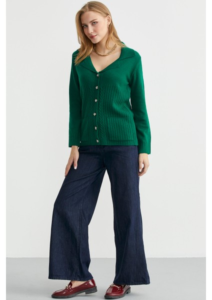 Yünlü Cepli Düğme Detaylı Triko Ceket - Yeşil modelleri