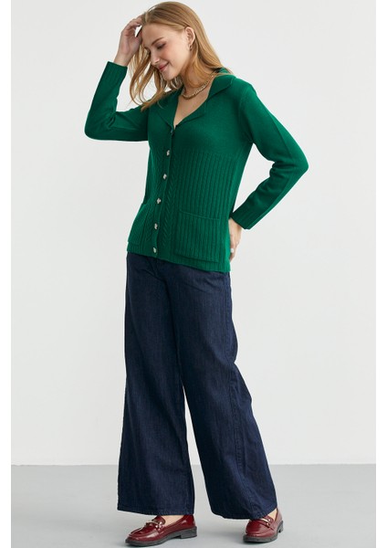 Yünlü Cepli Düğme Detaylı Triko Ceket - Yeşil fırsatları