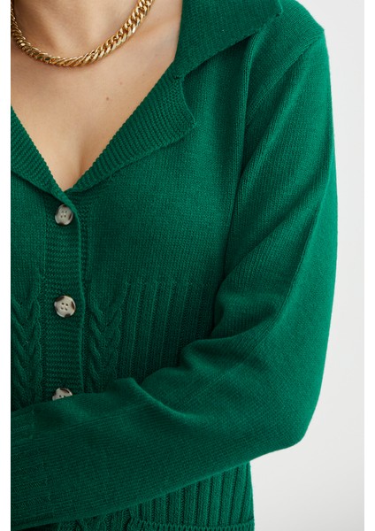 Yünlü Cepli Düğme Detaylı Triko Ceket - Yeşil indirimleri