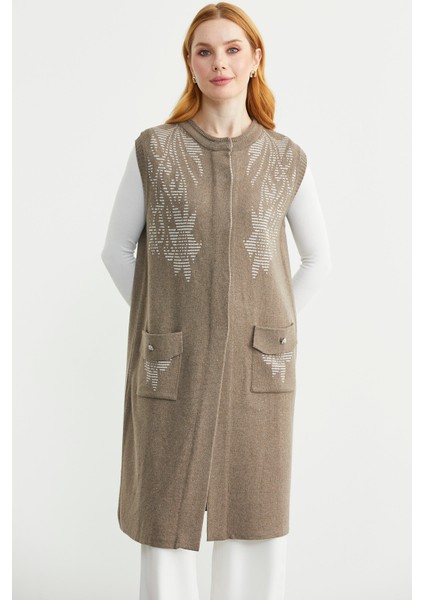 Cepli Uzun Yün Triko Yelek - Sütlü Kahve