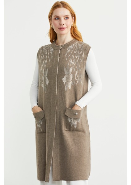 Cepli Uzun Yün Triko Yelek - Sütlü Kahve modelleri