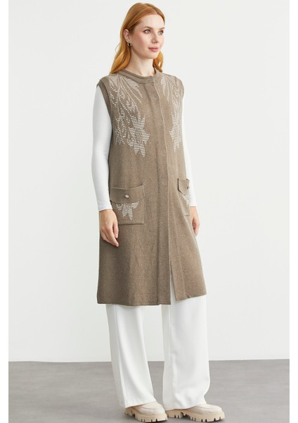 Cepli Uzun Yün Triko Yelek - Sütlü Kahve fırsatları