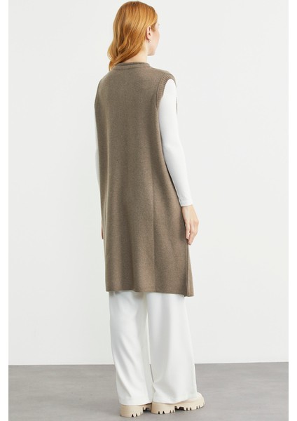 Cepli Uzun Yün Triko Yelek - Sütlü Kahve indirimleri