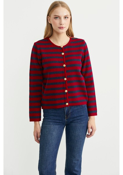 Renkli Çizgili Triko Kısa Hırka - Kırmızı