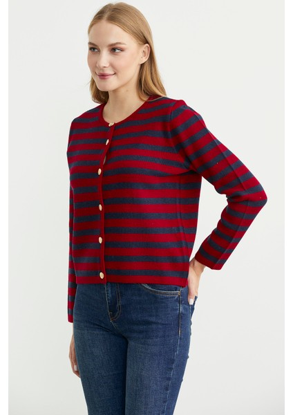 Renkli Çizgili Triko Kısa Hırka - Kırmızı modelleri