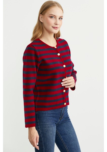 Renkli Çizgili Triko Kısa Hırka - Kırmızı fırsatları