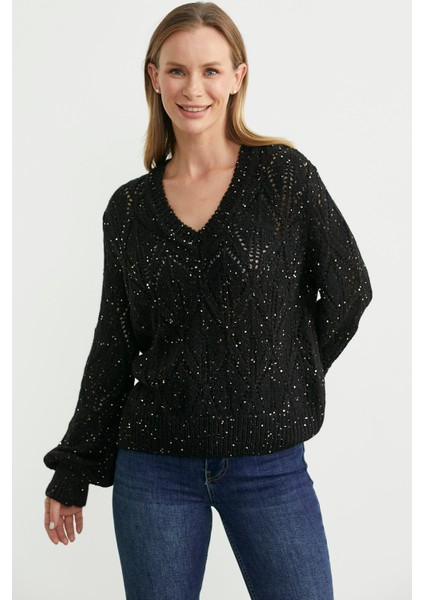 Delikli V Yaka Pullu Triko Kazak - Siyah modelleri