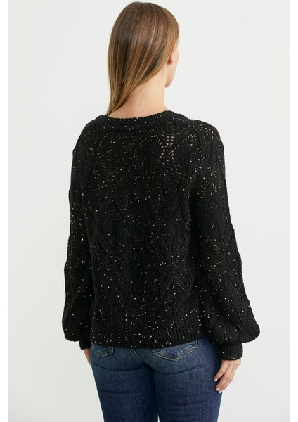 Delikli V Yaka Pullu Triko Kazak - Siyah indirimleri