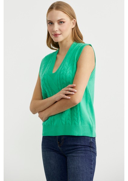 V Yaka Saç Örgü Triko Süveter - Yeşil fırsatları