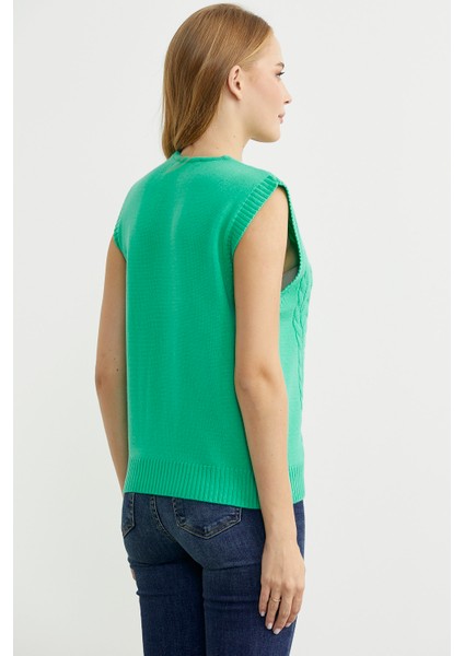 V Yaka Saç Örgü Triko Süveter - Yeşil indirimleri