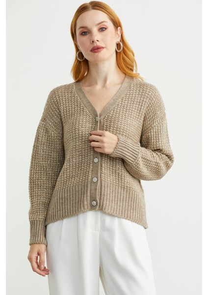 Payet Detaylı Yünlü Triko Hırka - Koyu Bej