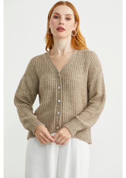 Payet Detaylı Yünlü Triko Hırka - Koyu Bej fiyatları