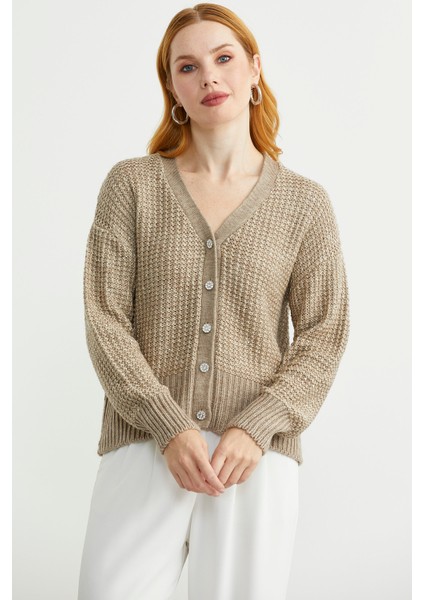 Payet Detaylı Yünlü Triko Hırka - Koyu Bej modelleri