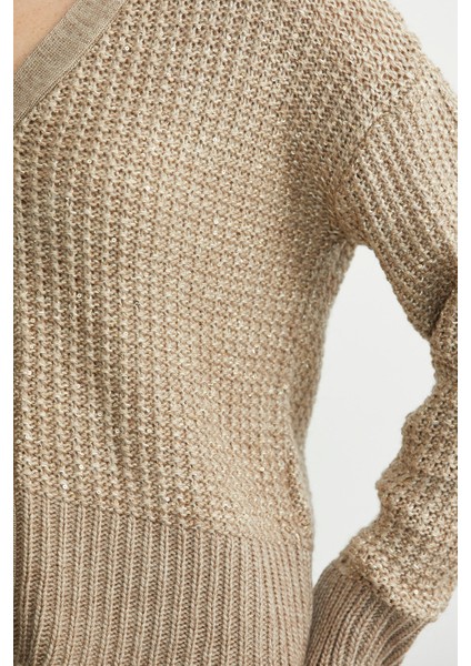 Payet Detaylı Yünlü Triko Hırka - Koyu Bej indirimleri